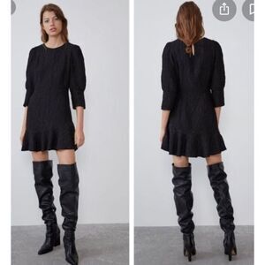 NEW ZARA BLACK TEXTURED WEAVE DRESS ROUND NECK ELBOW SLEEVES Size  XXS